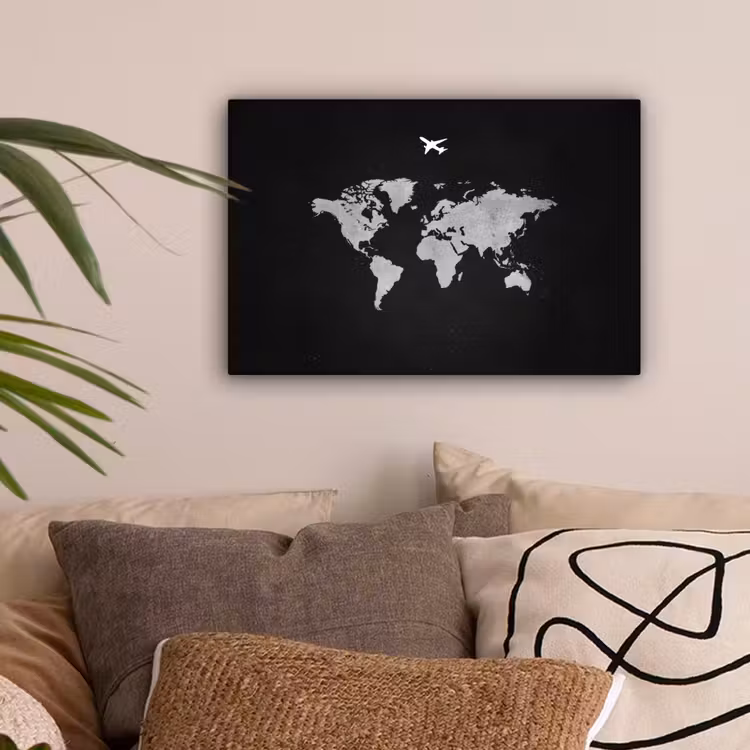 Wereldkaart - Vliegtuig - Zwart canvas 2cm klein -sfeer1