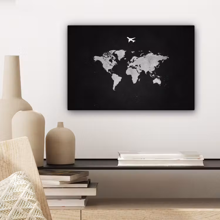 Wereldkaart - Vliegtuig - Zwart canvas 2cm klein -sfeer6