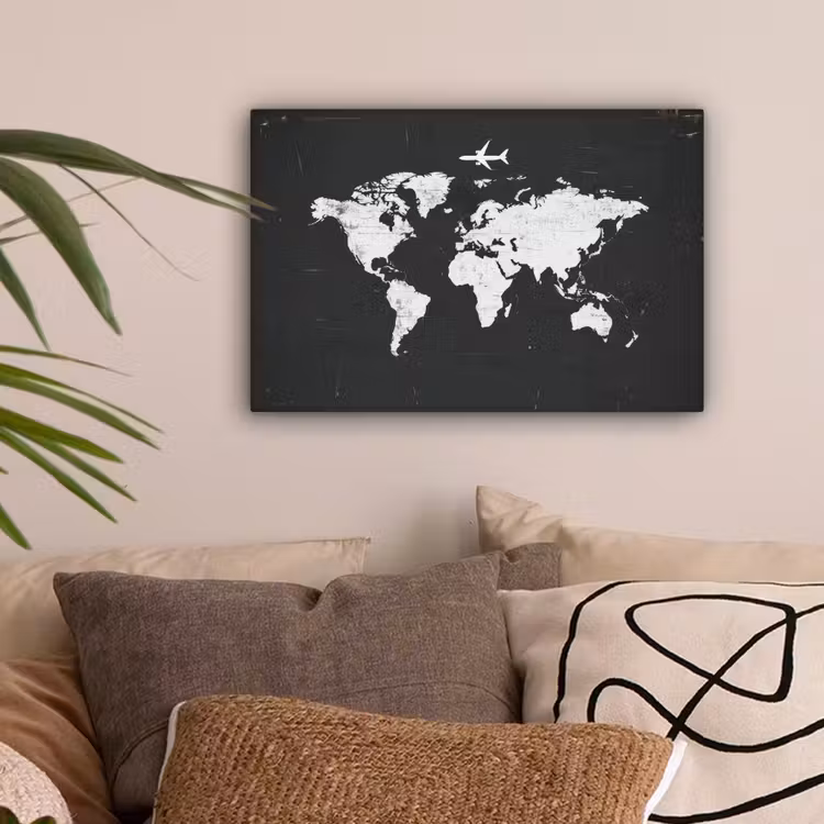 Wereldkaart - Vliegtuig - Zwart - Vintage canvas 2cm klein -sfeer1