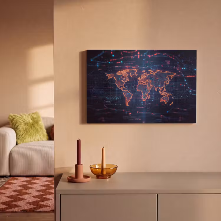Wereldkaart - Futuristisch - Oranje canvas 2cm klein -sfeer1
