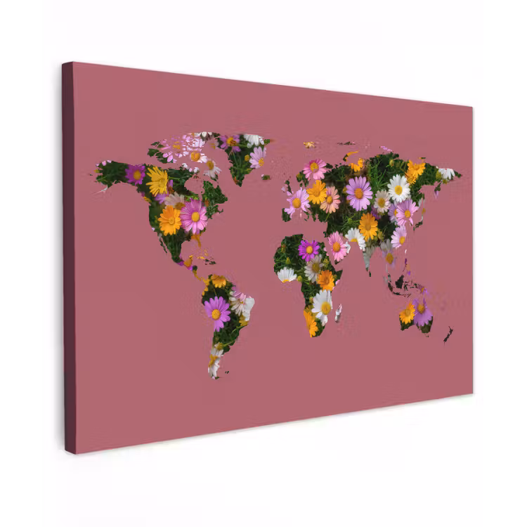 Wereldkaart - Madelief - Bloemen - Oudroze canvas 2cm klein -z3d