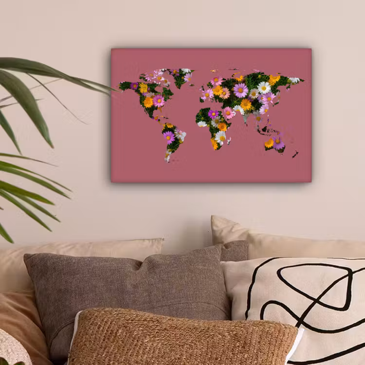 Wereldkaart - Madelief - Bloemen - Oudroze canvas 2cm klein -sfeer1