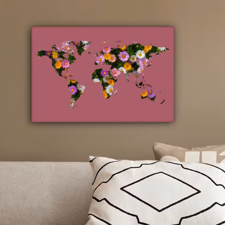 Wereldkaart - Madelief - Bloemen - Oudroze canvas 2cm klein -sfeer6
