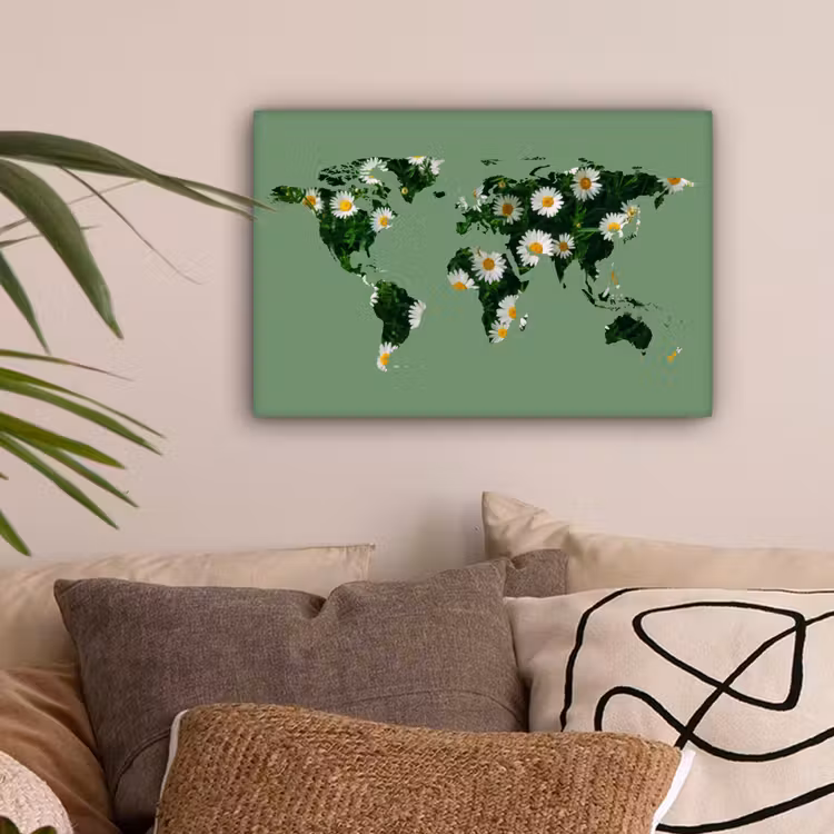 Wereldkaart - Madelief - Groen canvas 2cm klein -sfeer1