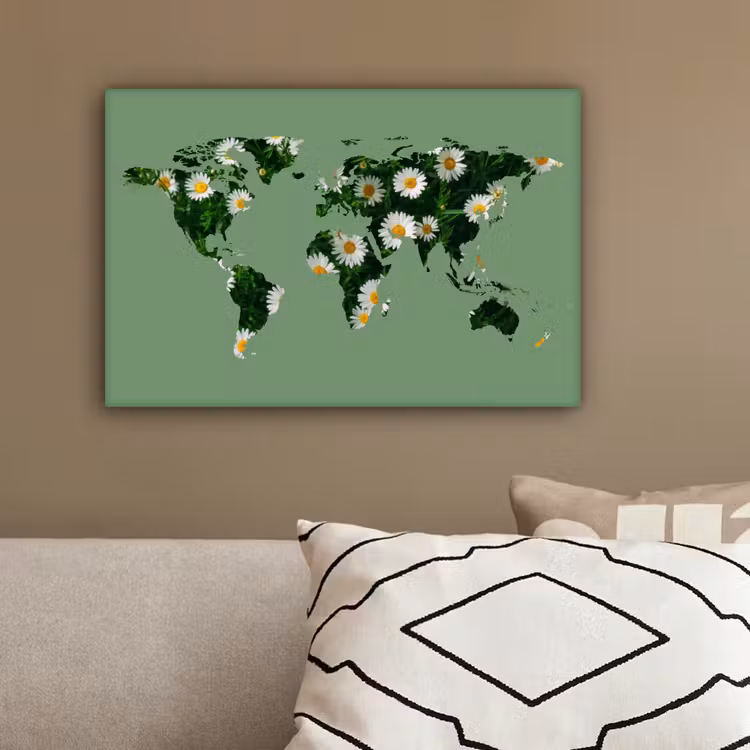 Wereldkaart - Madelief - Groen canvas 2cm klein -sfeer3