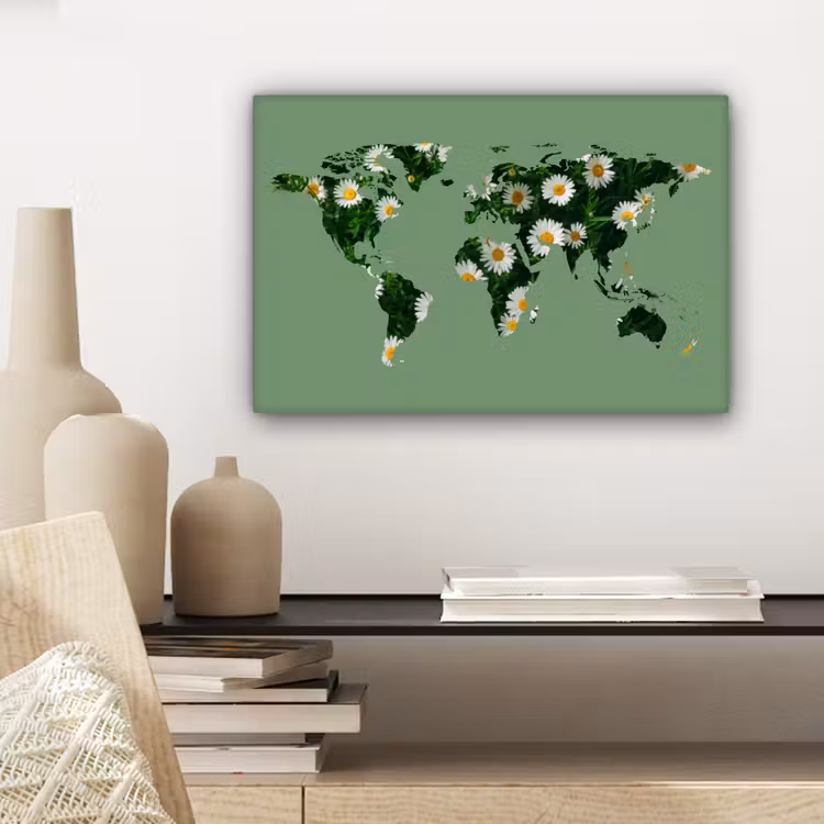 Wereldkaart - Madelief - Groen canvas 2cm klein -sfeer6