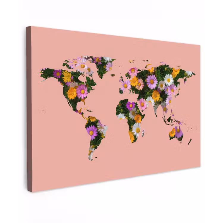 Wereldkaart - madeliefbloemen - Perzikroze canvas 2cm klein -z3d