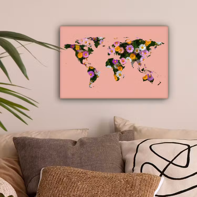 Wereldkaart - madeliefbloemen - Perzikroze canvas 2cm klein -sfeer1
