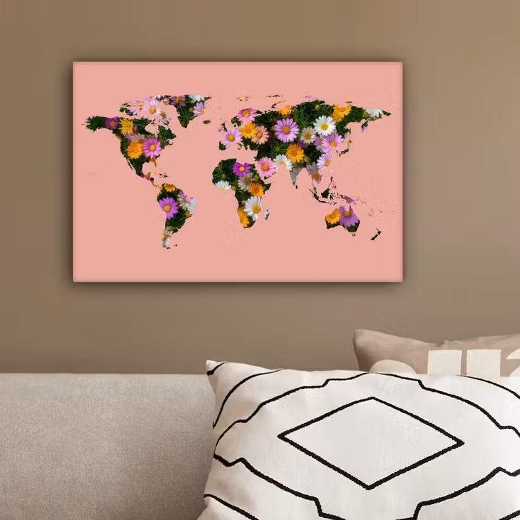Wereldkaart - madeliefbloemen - Perzikroze canvas 2cm klein -sfeer3