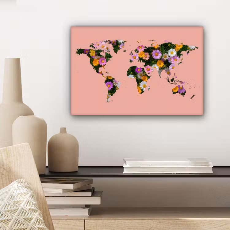 Wereldkaart - madeliefbloemen - Perzikroze canvas 2cm klein -sfeer6