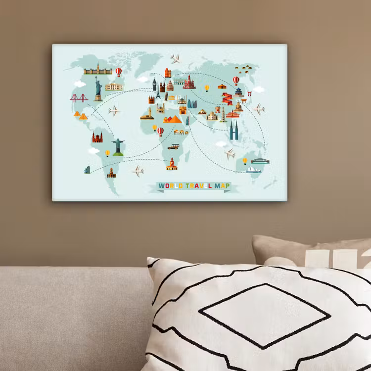 Wereldkaart - Gebouwen - Steden canvas 2cm klein -sfeer3