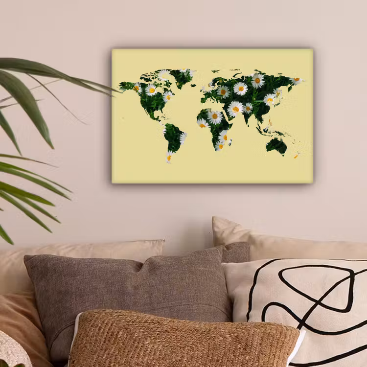 Wereldkaart - Geel - Madelief canvas 2cm klein -sfeer1
