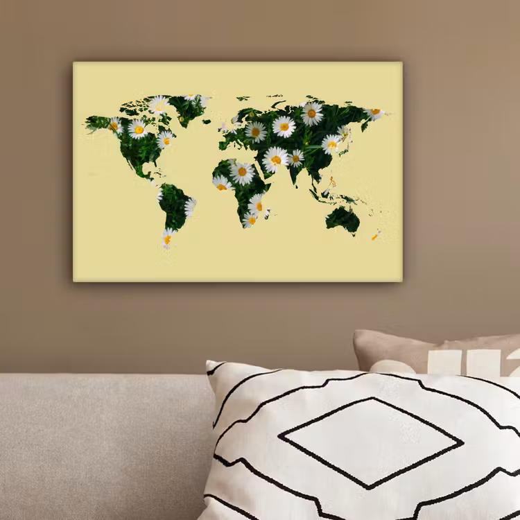 Wereldkaart - Geel - Madelief canvas 2cm klein -sfeer3