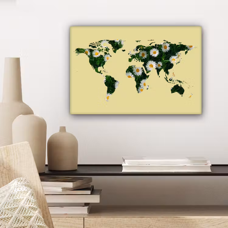 Wereldkaart - Geel - Madelief canvas 2cm klein -sfeer6
