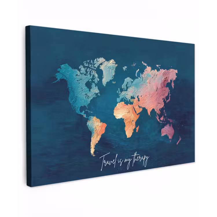 Wereldkaart - Geschilderd - Blauw - Travel canvas 2cm klein -z3d