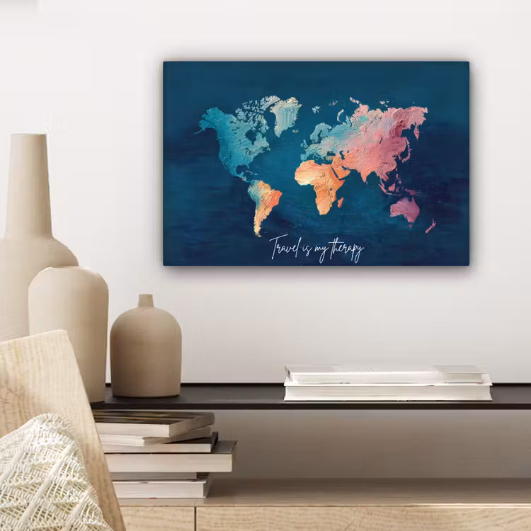 Wereldkaart - Geschilderd - Blauw - Travel canvas 2cm klein -sfeer6