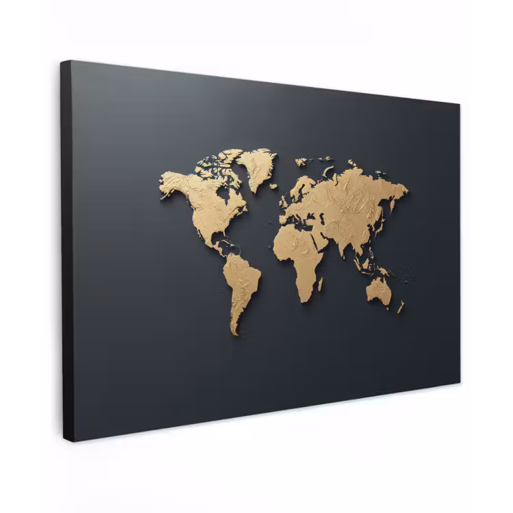 Wereldkaart - Geografische kenmerken - Zwart canvas 2cm klein -z3d