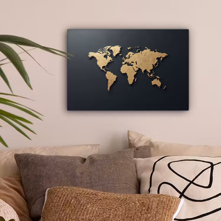 Wereldkaart - Geografische kenmerken - Zwart canvas 2cm klein -sfeer1