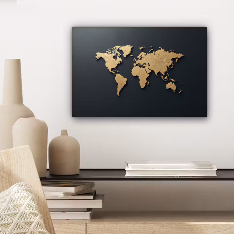 Wereldkaart - Geografische kenmerken - Zwart canvas 2cm klein -sfeer6