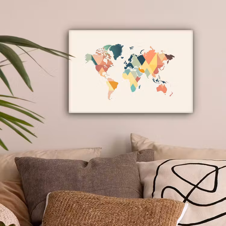Wereldkaart - Geometrisch - Pastelkleuren - Modern canvas 2cm klein -sfeer1