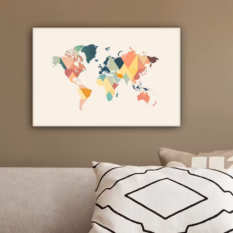 Wereldkaart - Geometrisch - Pastelkleuren - Modern canvas 2cm klein -sfeer3