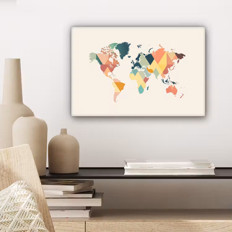 Wereldkaart - Geometrisch - Pastelkleuren - Modern canvas 2cm klein -sfeer6