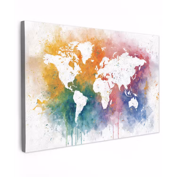 Wereldkaart - Omlijst - Verfspatten - Regenboogkleuren canvas 2cm klein -z3d