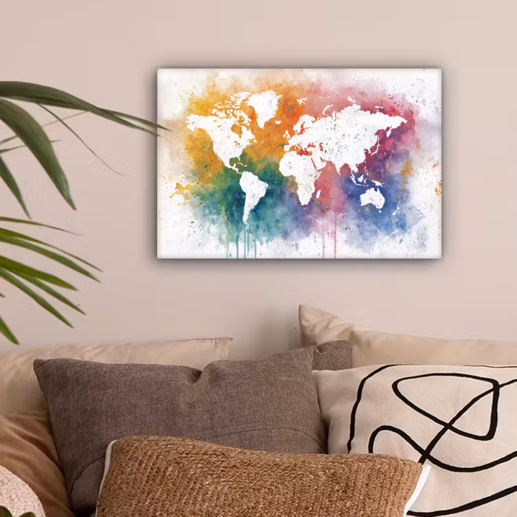 Wereldkaart - Omlijst - Verfspatten - Regenboogkleuren canvas 2cm klein -sfeer1