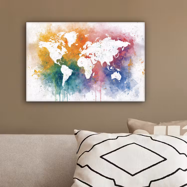 Wereldkaart - Omlijst - Verfspatten - Regenboogkleuren canvas 2cm klein -sfeer3
