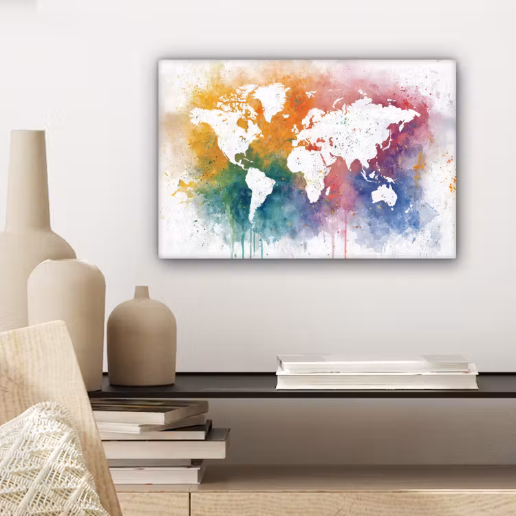 Wereldkaart - Omlijst - Verfspatten - Regenboogkleuren canvas 2cm klein -sfeer6