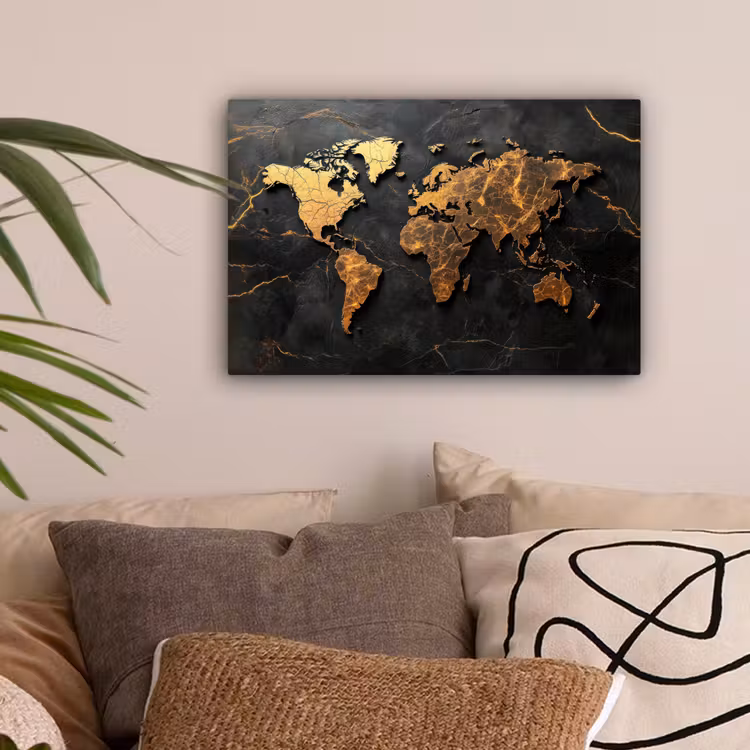 Wereldkaart - Gescheurde randen - Goudaders canvas 2cm klein -sfeer1
