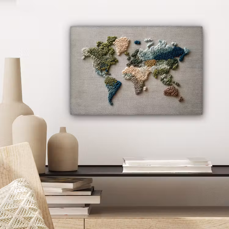 Wereldkaart - Geborduurd - Aardetinten canvas 2cm klein -sfeer6