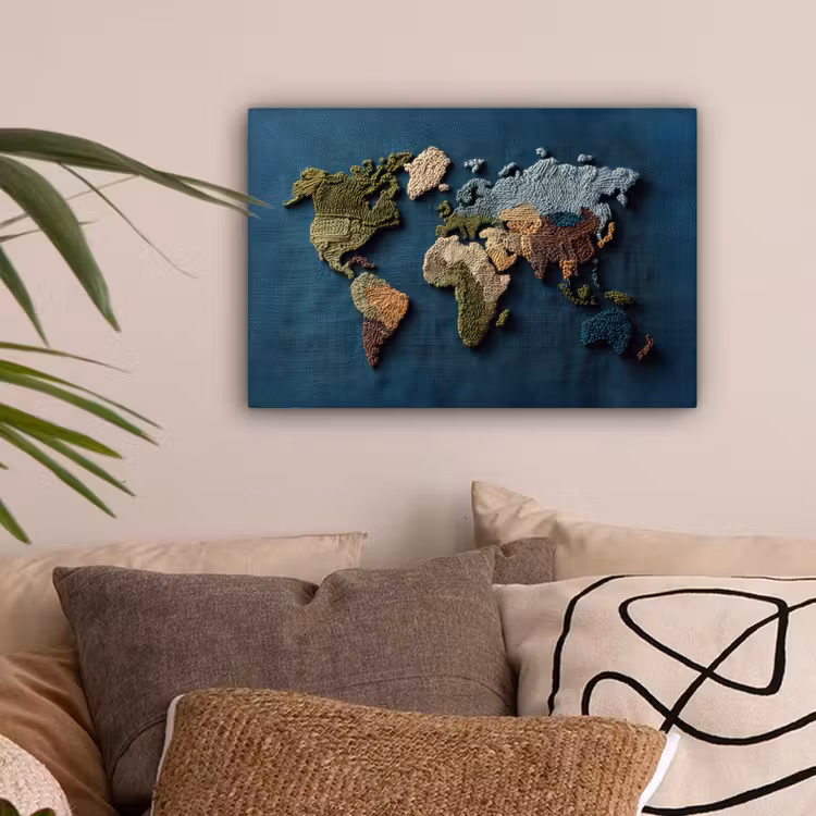 Wereldkaart - Geborduurd - Verschillende tinten canvas 2cm klein -sfeer1