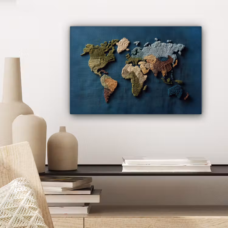 Wereldkaart - Geborduurd - Verschillende tinten canvas 2cm klein -sfeer6