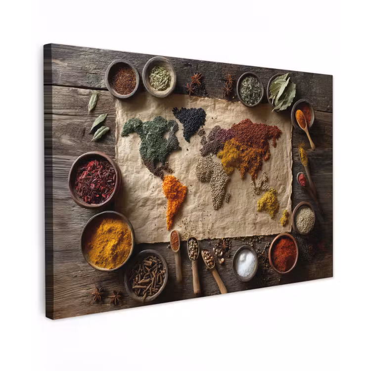 Wereldkaart - Specerijen - Kleurrijk canvas 2cm klein -z3d