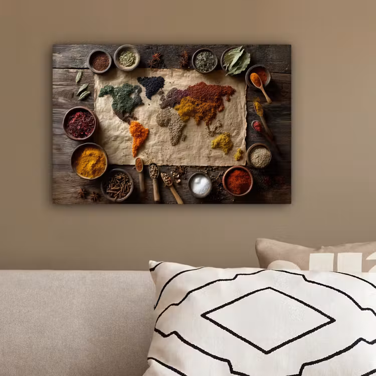 Wereldkaart - Specerijen - Kleurrijk canvas 2cm klein -sfeer3