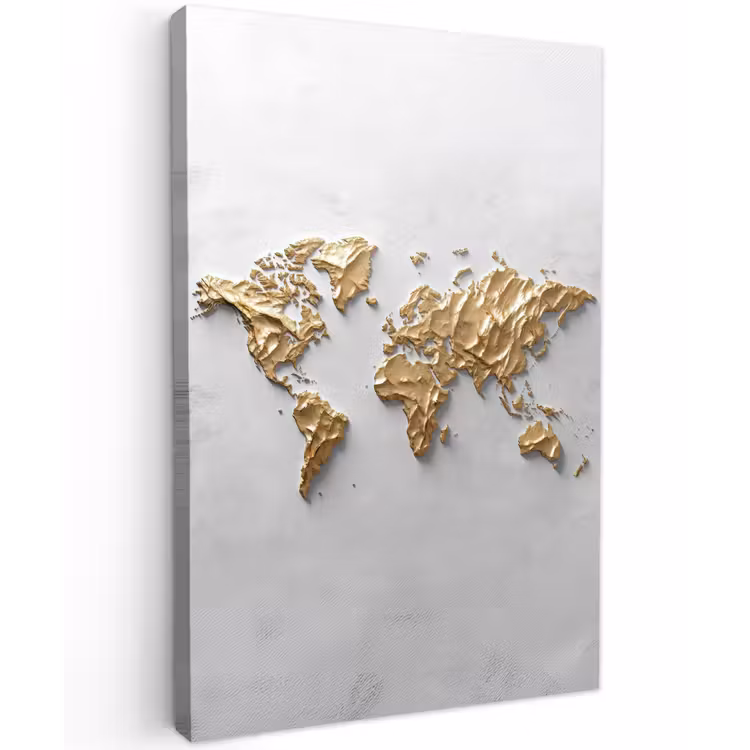 Wereldkaart - Egaal wit - Grof goud canvas 2cm klein -z3d