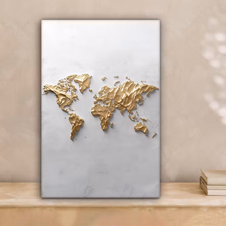 Wereldkaart - Egaal wit - Grof goud canvas 2cm klein -sfeer1