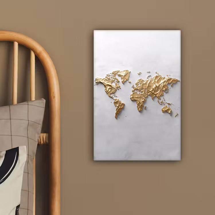 Wereldkaart - Egaal wit - Grof goud canvas 2cm klein -sfeer3