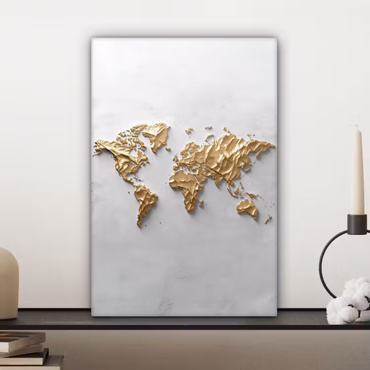 Wereldkaart - Egaal wit - Grof goud canvas 2cm klein -sfeer6