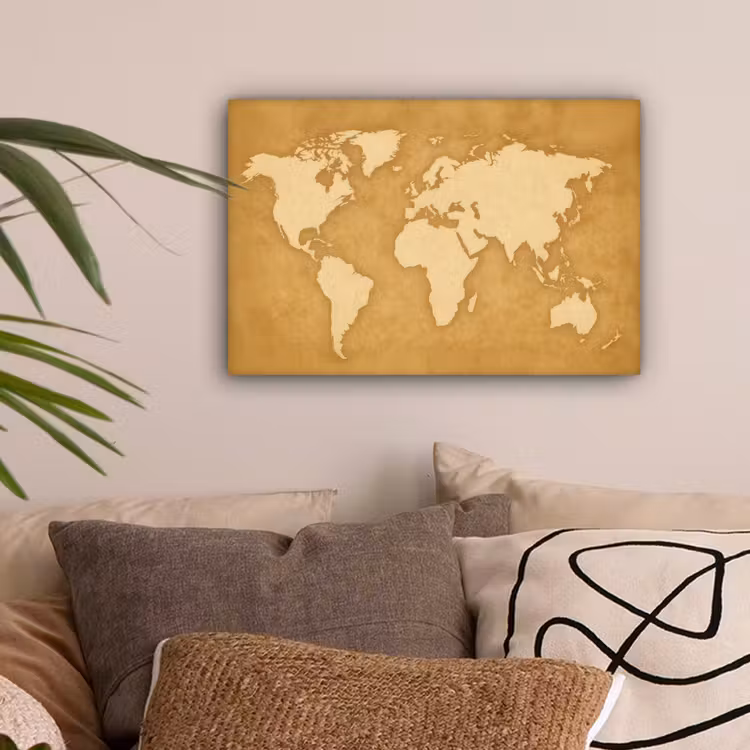 Wereldkaart - Egale structuur - Warme parchmentint canvas 2cm klein -sfeer1