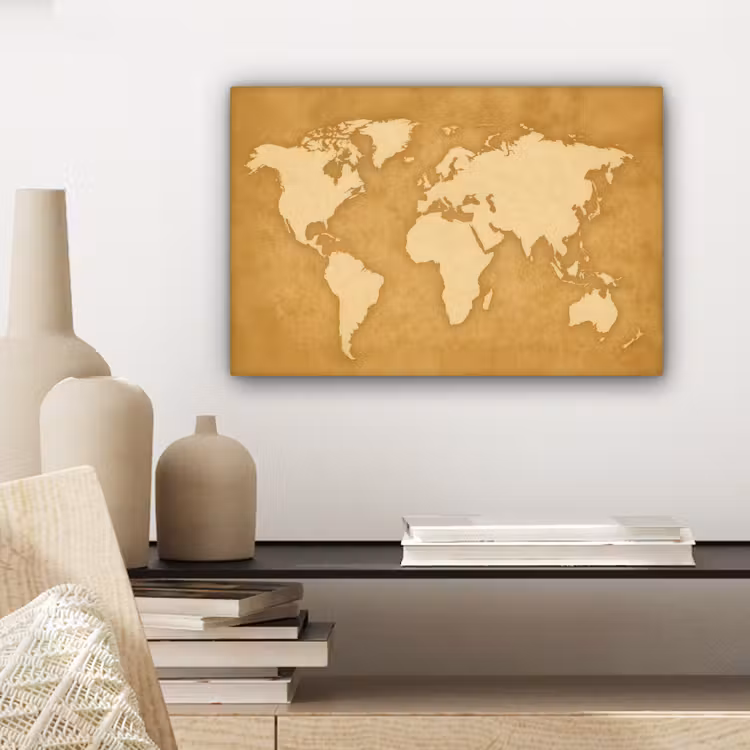 Wereldkaart - Egale structuur - Warme parchmentint canvas 2cm klein -sfeer6