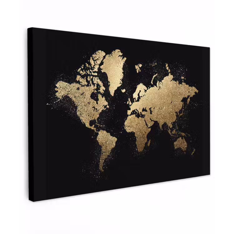 Wereldkaart - Glitter - Zwart canvas 2cm klein -z3d