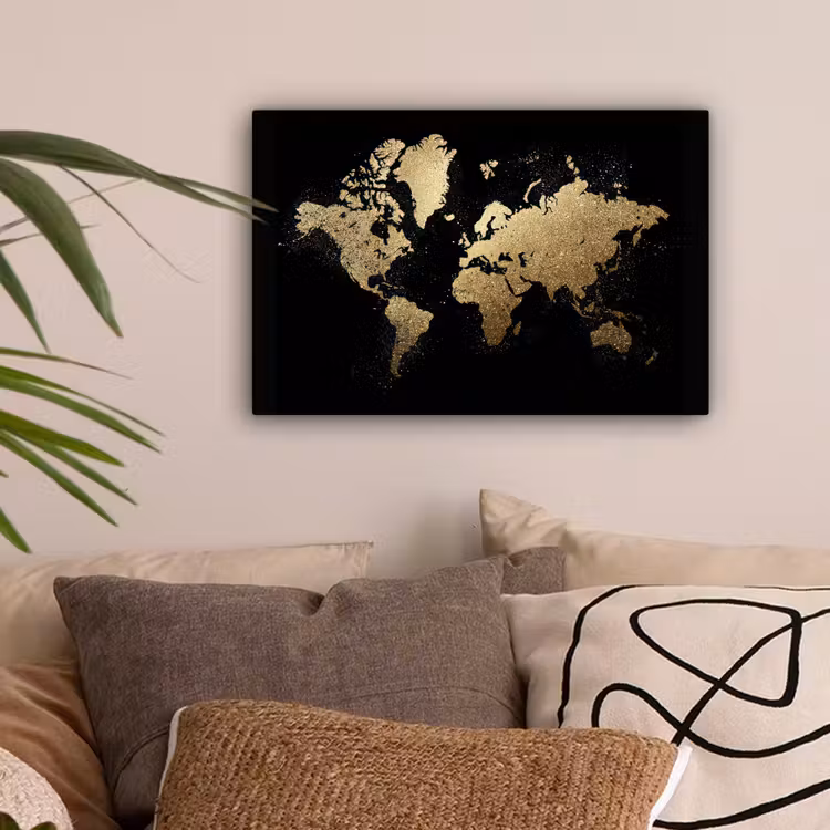 Wereldkaart - Glitter - Zwart canvas 2cm klein -sfeer1