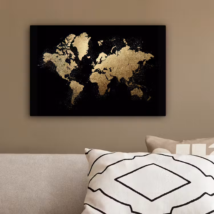 Wereldkaart - Glitter - Zwart canvas 2cm klein -sfeer3