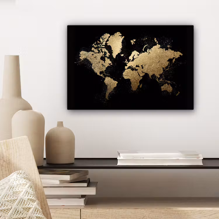 Wereldkaart - Glitter - Zwart canvas 2cm klein -sfeer6