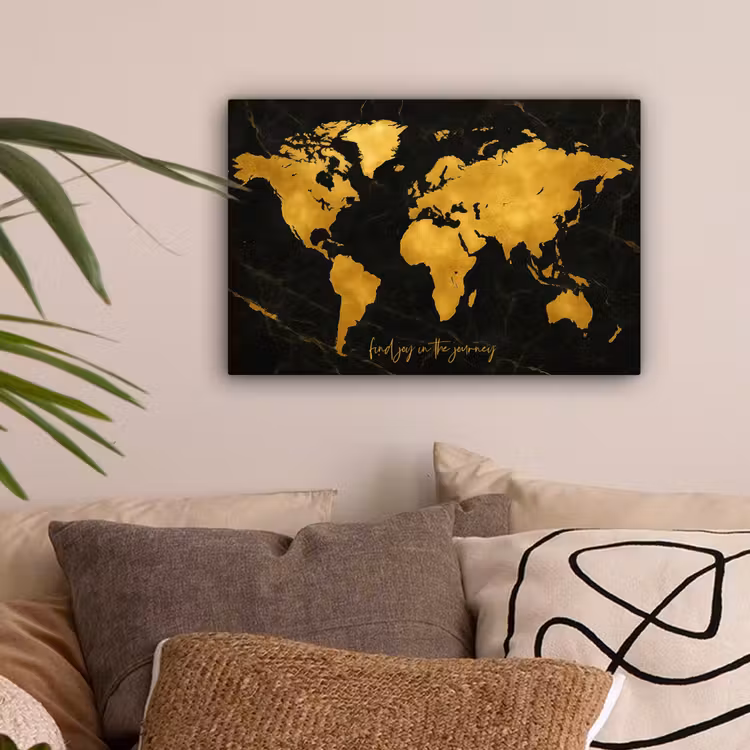 Wereldkaart - Goud - Marmer canvas 2cm klein -sfeer1
