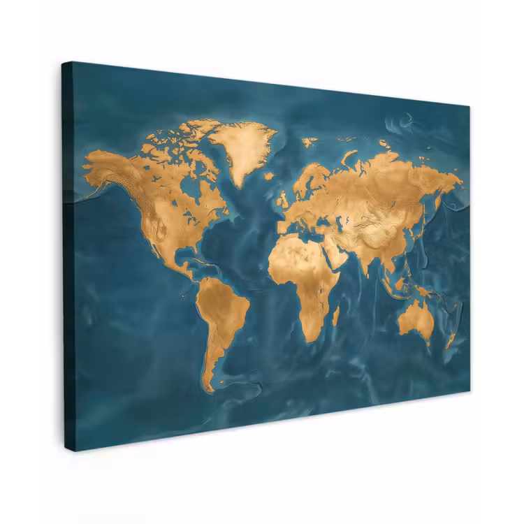 Wereldkaart - Goud - Oceaanblauw canvas 2cm klein -z3d