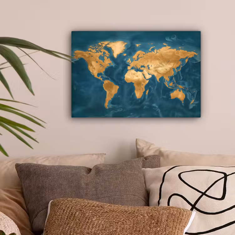 Wereldkaart - Goud - Oceaanblauw canvas 2cm klein -sfeer1