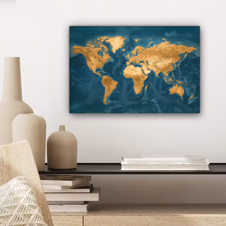 Wereldkaart - Goud - Oceaanblauw canvas 2cm klein -sfeer6